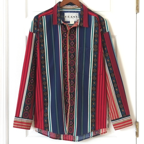 Frank 80's Vintage Funky Paisley & Aztec Striped Long Sleeve Button Down Shirt M - Picture 1 of 12